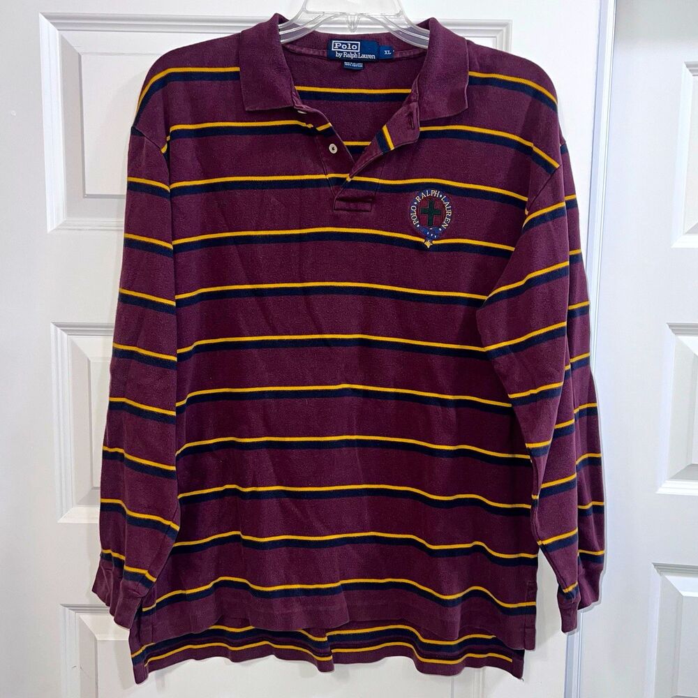 Polo Ralph Lauren Rugby Polo Shirt Mens XL Burgundy Stripe Long Sleeve Vintage